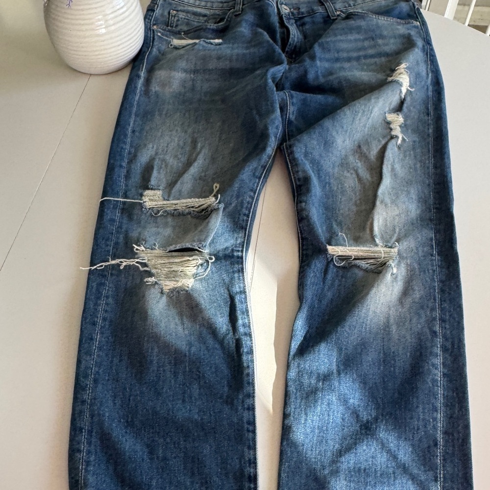 7 For All Mankind Slim Blue Jeans with Distressed Details